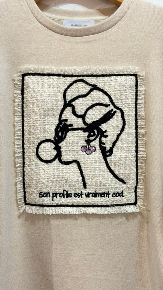 横顔刺繍アップリケ ドロップショルダープルオーバー