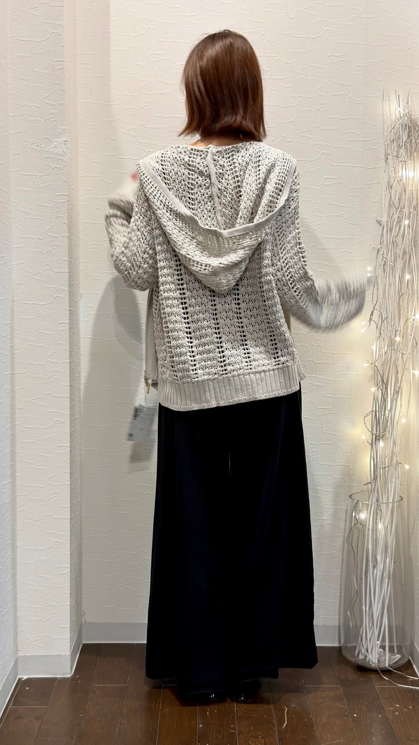 透かし編みニット フードジップアップカーディガン