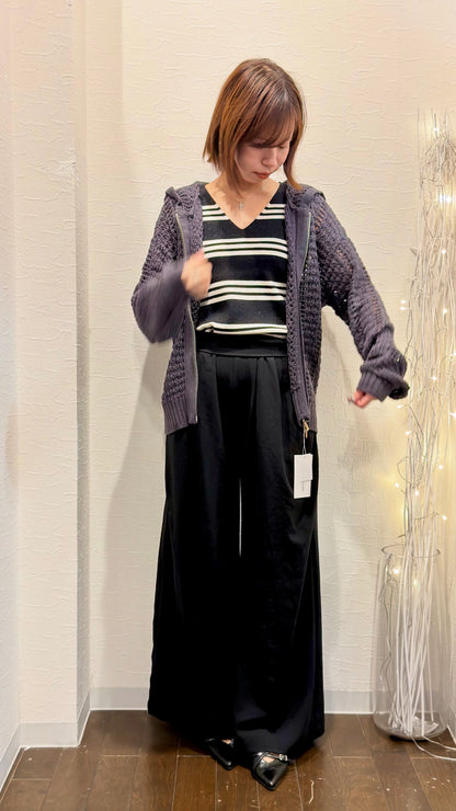透かし編みニット フードジップアップカーディガン