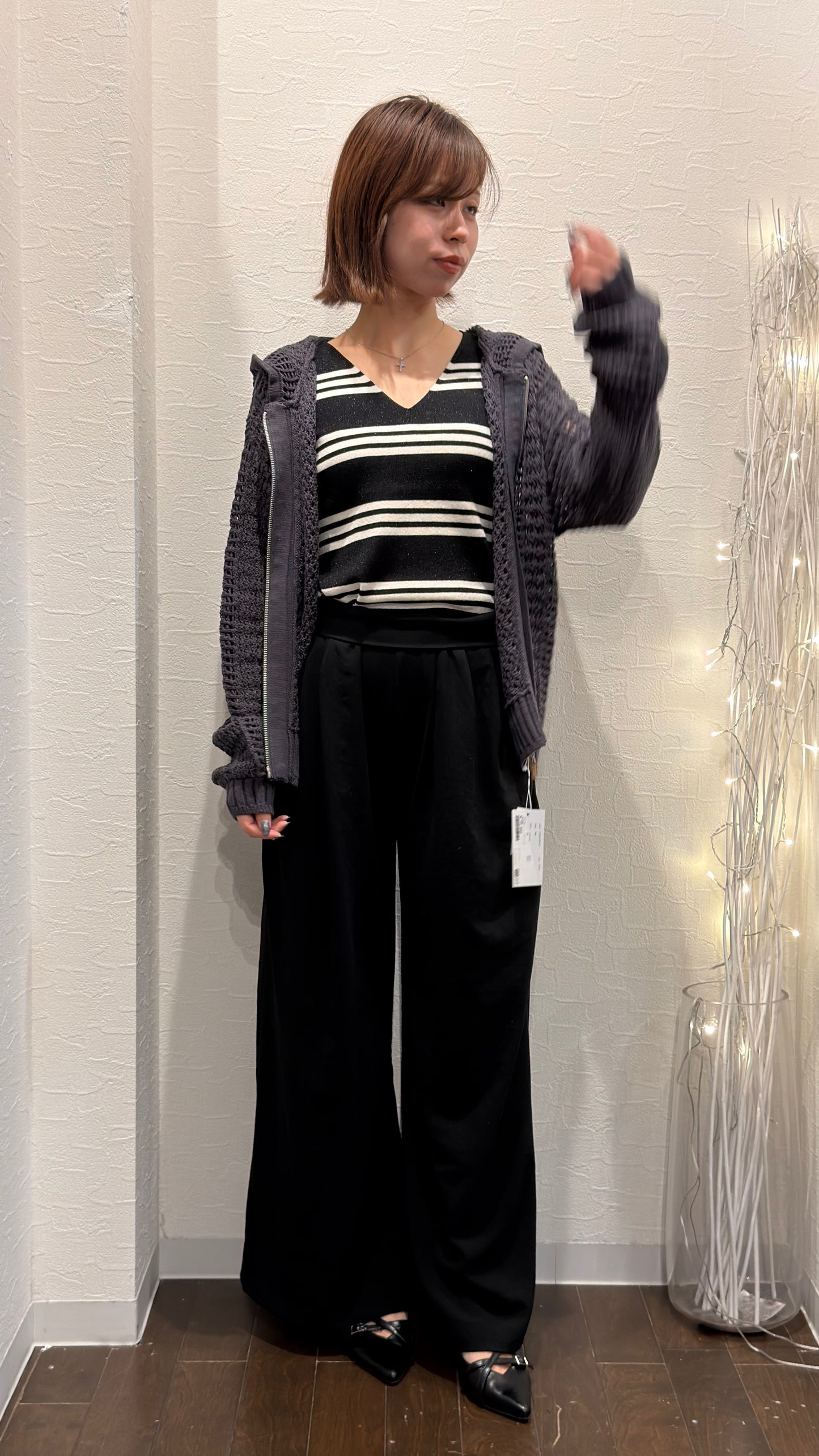 透かし編みニット フードジップアップカーディガン
