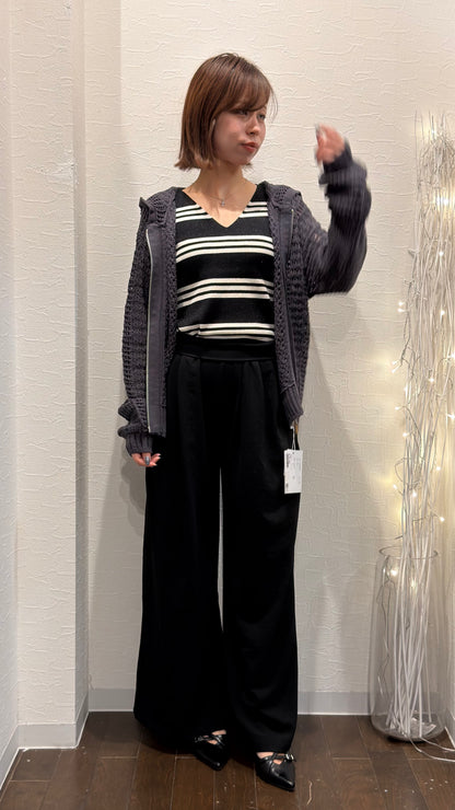 透かし編みニット フードジップアップカーディガン