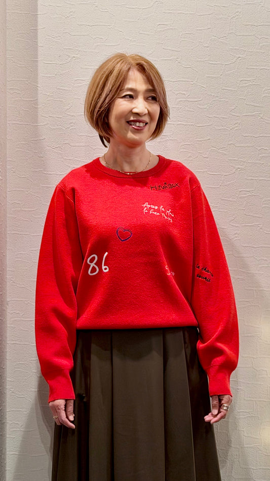 【ROSIEE】メッセージ刺繍クルーネックニット
